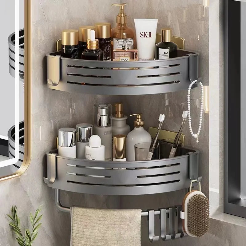 No Drill Bathroom Corner Shelf Wall Mounted Shower Corner Shelves with Hook Towel Bar Space Aluminum Bathroom Organizer Rack