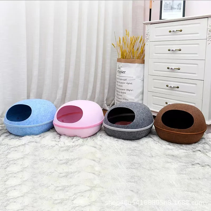 Cat Bed Artificial Felt House for Cats Sleeping Bag With Nest Cushion Eggshell Detachable Breathable Semi Enclosed Pet Cave