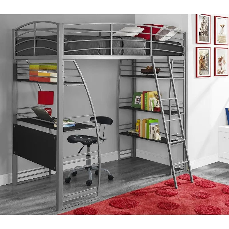 Studio Loft Bunk Bed Over Desk and Bookcase with Metal Frame - Twin (Gray)