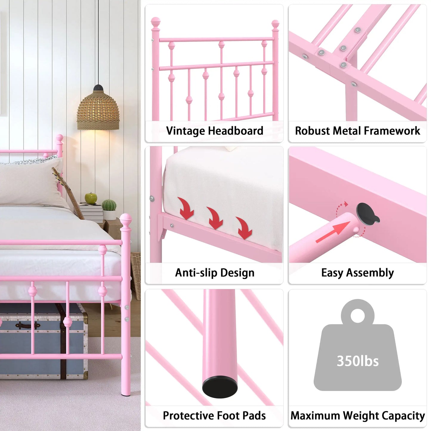 Yoneston Metal Platform Bed Frame with Retro Headboard Footboard, 14" High Under Bed Storage Single Bed Frame No Box Spring-Pink