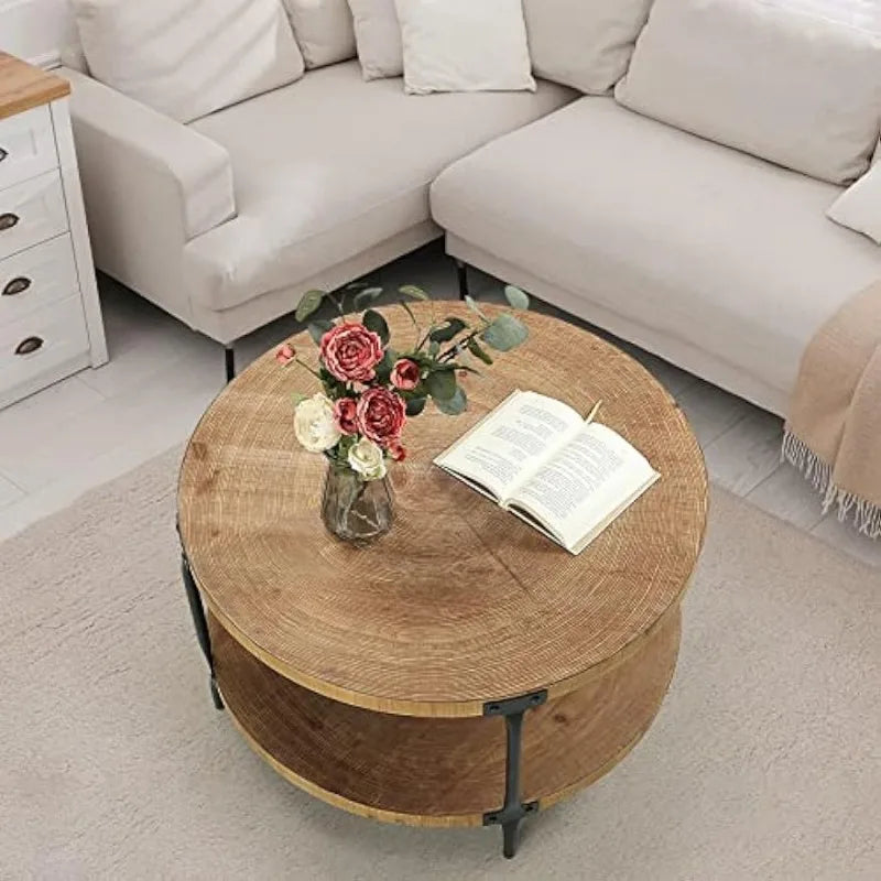 Round Boho Wood Coffee Table -31.5"Farmhouse Natural Circle Wooden 2-Tier Coffee Tables Living Room Furniture,Natural Wood Color