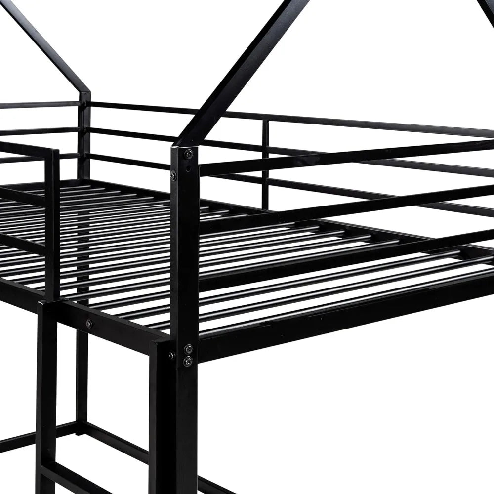 Twin Over Twin Junior Metal Floor Bunk Bed, Twin Size House Bunk Bed Frame with Ladder and Roof for Kids Boys Girls