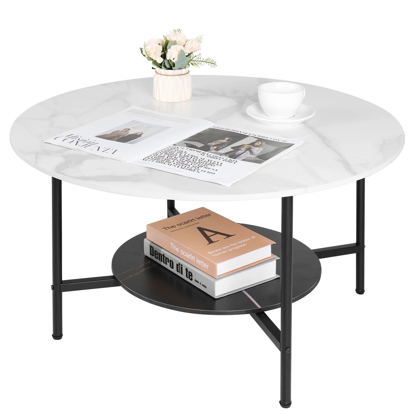 2 Tier Round Coffee Table Modern High End Sintered Stone Desk Home Furniture Table Metal Frame for Living Room, Bedroom