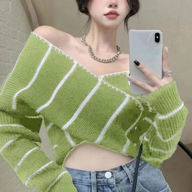 Ins Striped Jacquard Sweater Women Elegant Loose  Gentle V-neck Cross Color Contrast Long Sleeve Versatile Knit Pullover