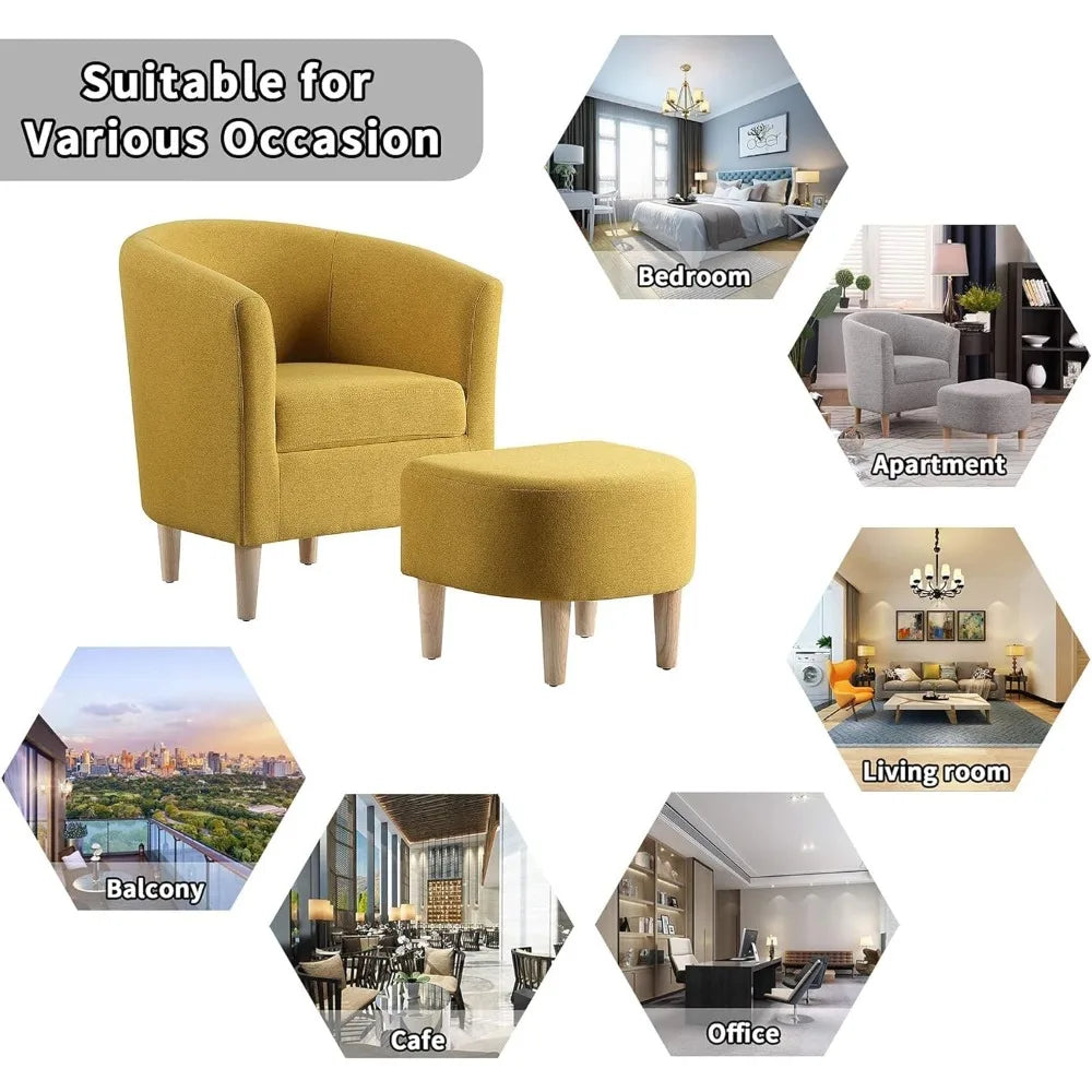 Modern Accent Chair, Upholstered Arm Chair Linen Fabric Single Sofa Chair with Ottoman Foot Rest Mustard Yellow Comfy Armchair