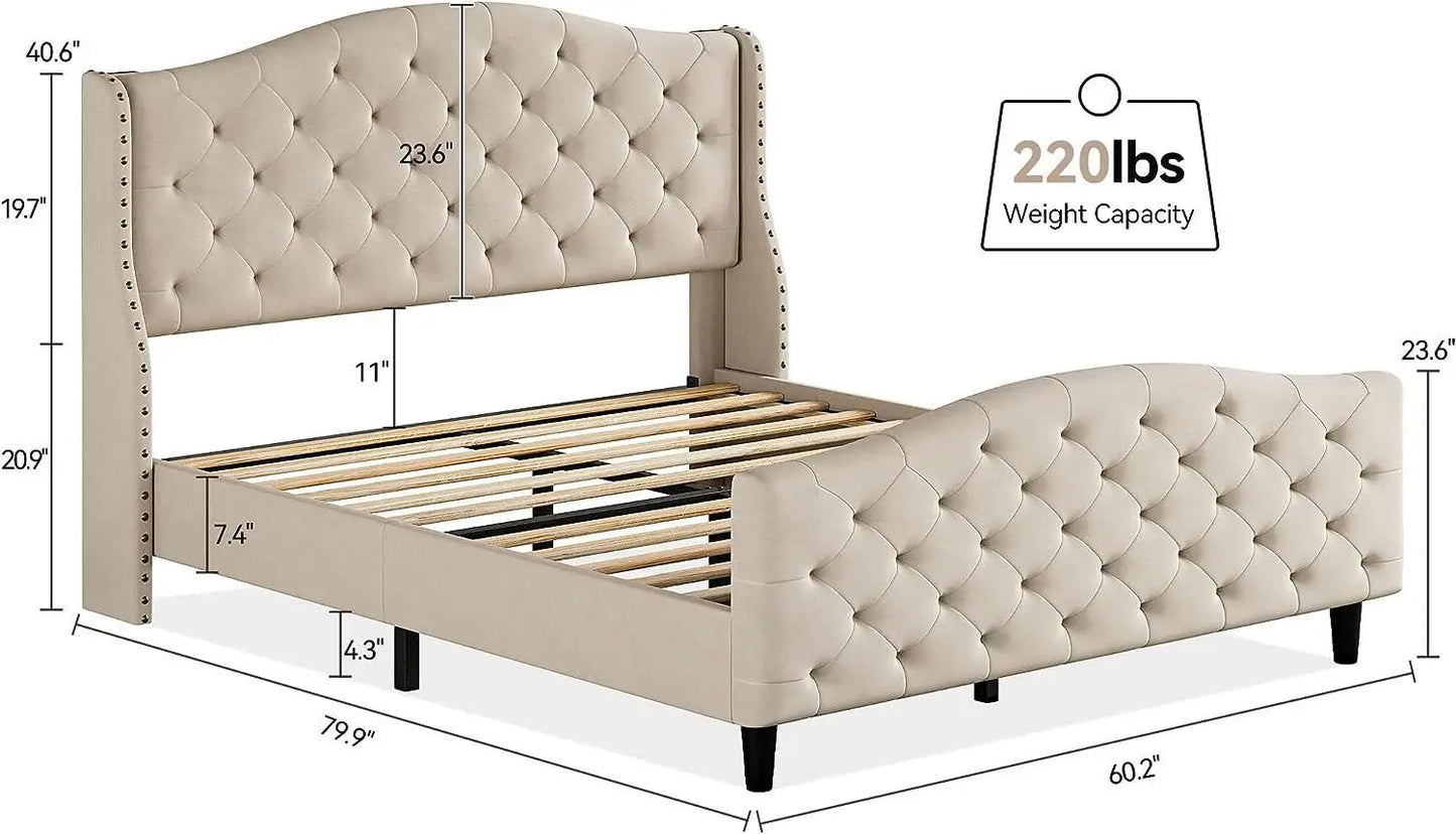 King/Queen size velvet plush cushioned platform bed, double bed for adults and teenagers, stylish and elegant master bed