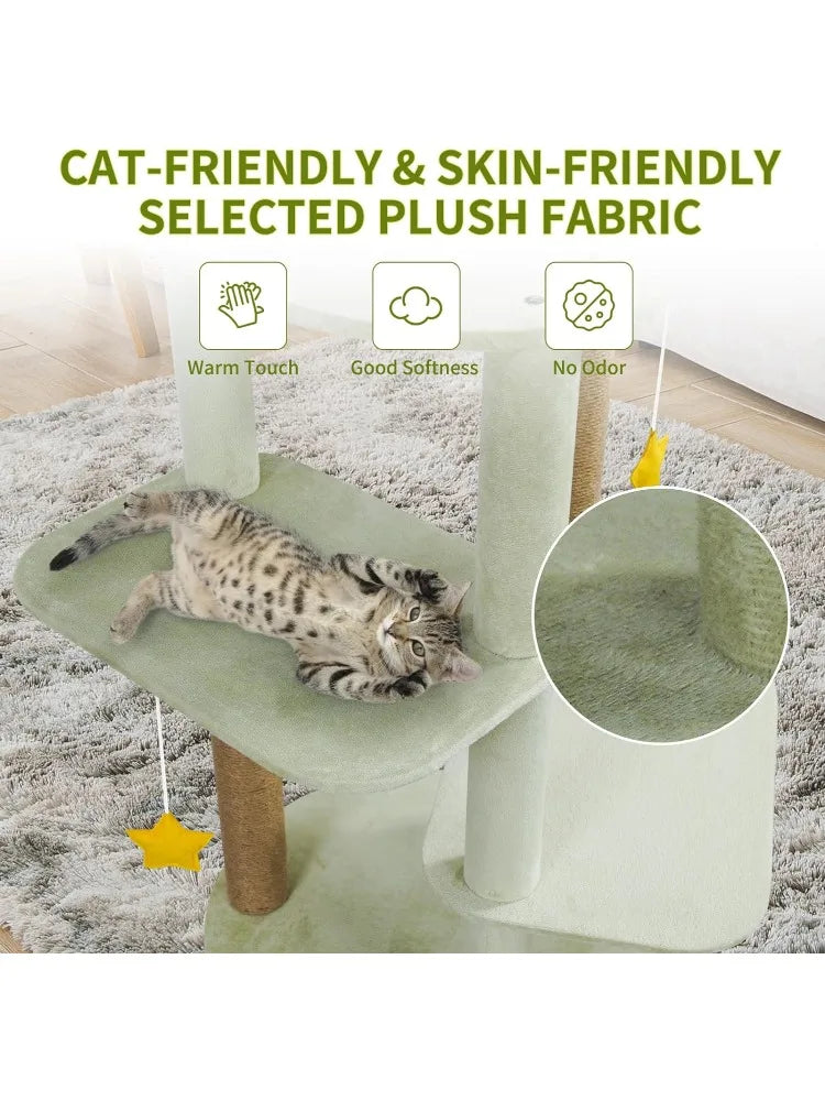 Cute Cat Tree, 63.2" Tall Cat Tower for Indoor Cats, Green Plush Cat House Condo with Scratching Posts