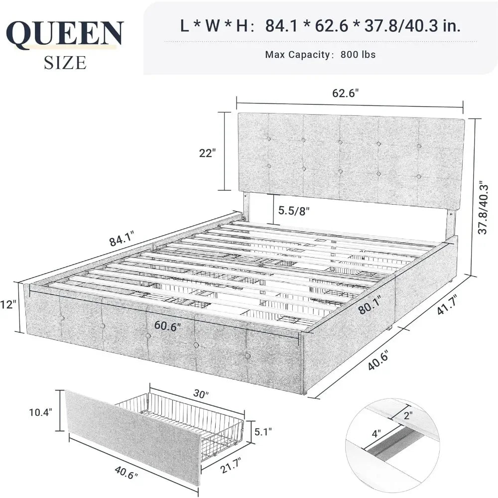 Upholstered Queen Platform Bed Frame, With 4 storage drawers and headboard, Square sewn buttons tufted, Base wood slat support