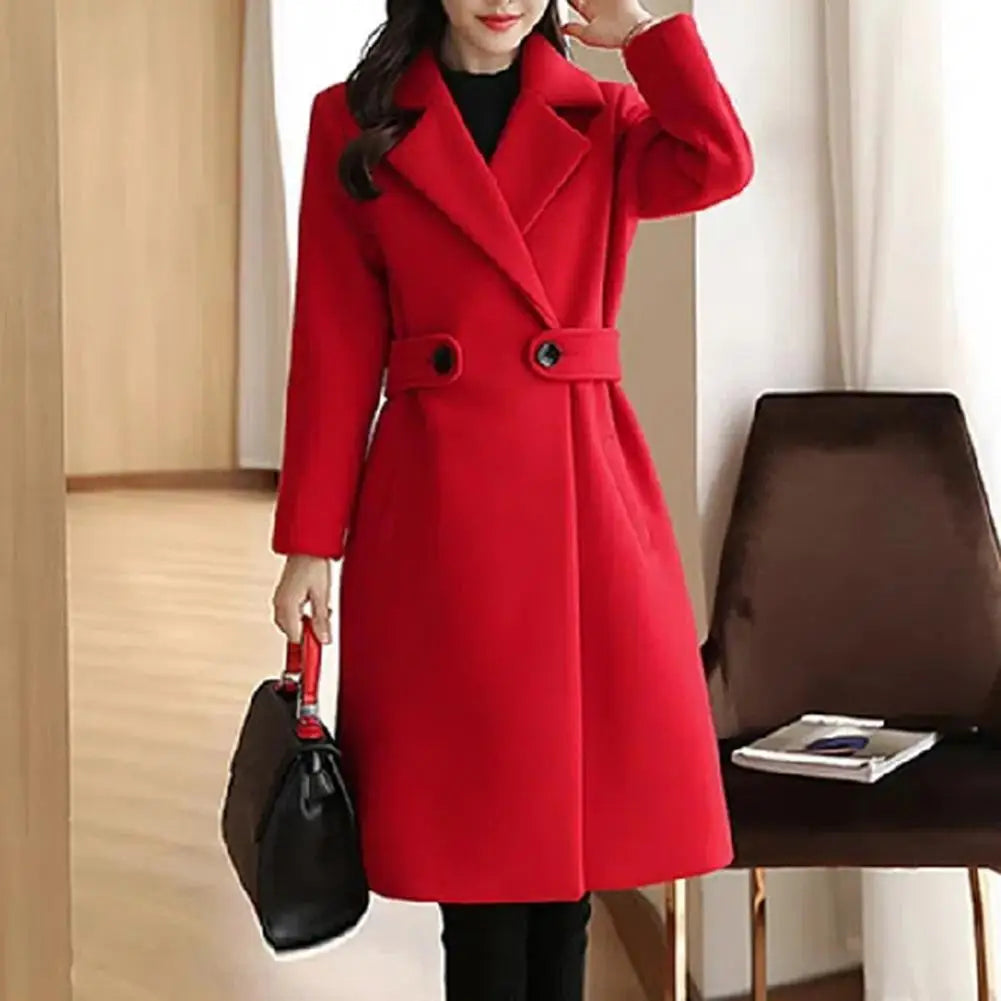 Women Overcoat Stylish Mid-length Women's Overcoat with Turn-down Collar Belted Button Closure Loose Fit for Fall Winter Winter