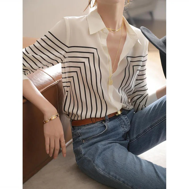 Fashion Printed Lapel Button Loose Striped Shirt Women's Clothing 2022 Autumn New Casual Tops All-match Office Lady Blouse