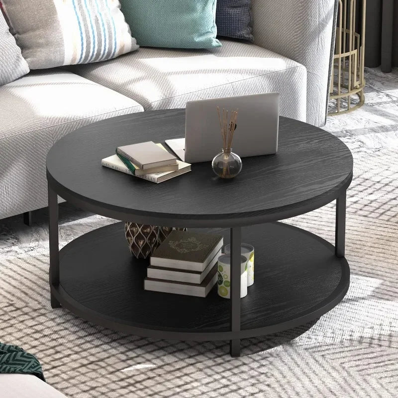 WiberWi Rustic Industrial 35.8" Round Coffee Table with Storage Shelf and Sturdy Metal Legs, Easy Assembly