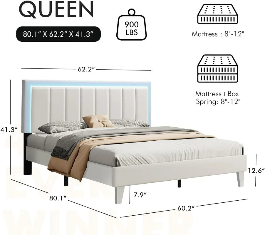 Queen Size Bed Frame with LED Lights, Upholstered Faux Leather Bed with Adjustable Headboard & Footboard, Easy Assembly, White