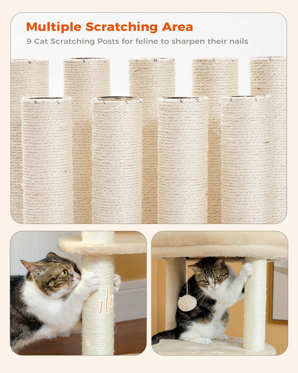 Cat Tree for Indoor Cats Cat Climbing Tower with 9 Sisal Scratching Posts Circular Play Floor and Replacable Dangling Ball Perch