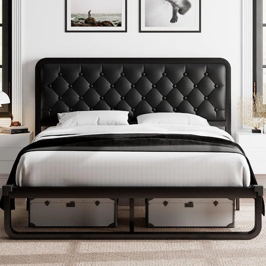 full size bed frame, Upholstered Platform Bed Frame, with heavy duty steel slats, diamond tufted headboard