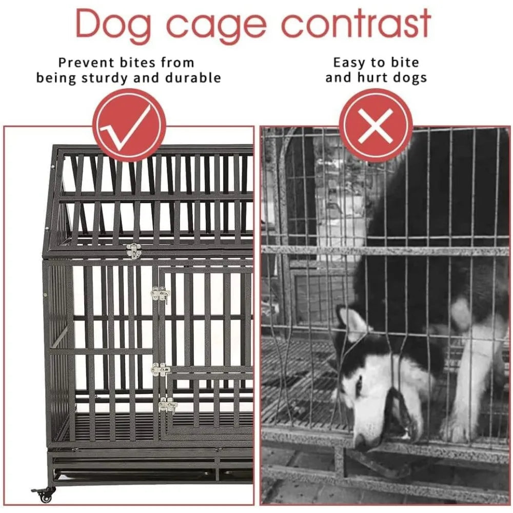 dog cage 48" Heavy Duty Dog Crate Strong Metal Cage House Shape Pet Kennel Crate Playpen with 4 Locking Wheels