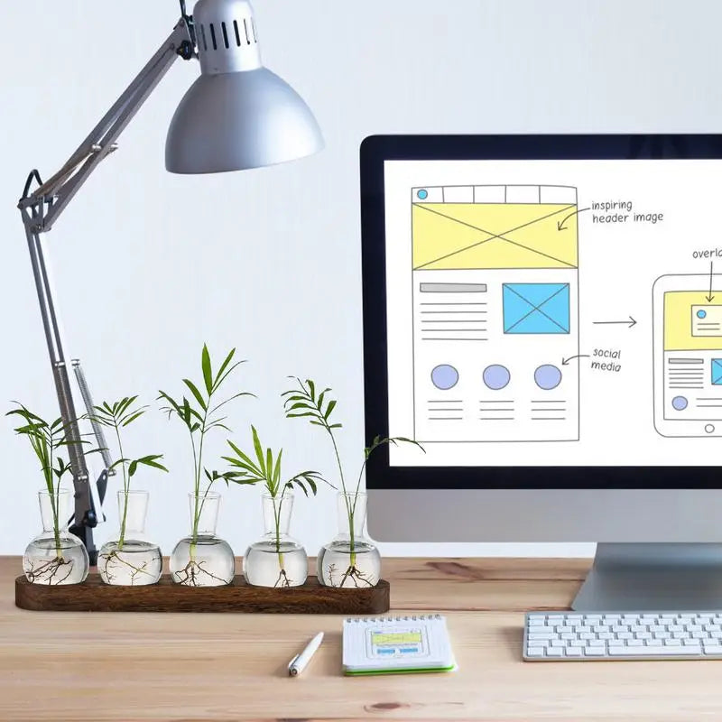 Plants Terrarium For Hydroponics Plants Office Plant Propagation Station With Retro Wooden Stand Home Desktop Vases