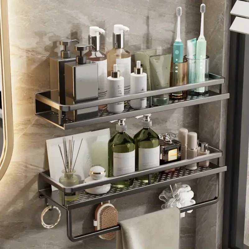 1 Piece Bathroom Rack Wall-Mounted Shampoo And Cosmetic Storage Rack Aluminum Shower Shelf Towel Toothbrush Tooth Cup Storage To