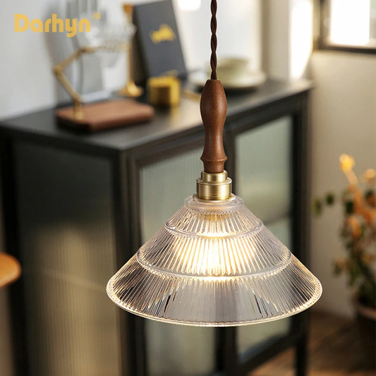 Nordic Wooden Glass Pendant Lights Retro Fixtures Home Lighting Bedroom Living Room  Hanging lamp Beside Copper Lamp Luminaire