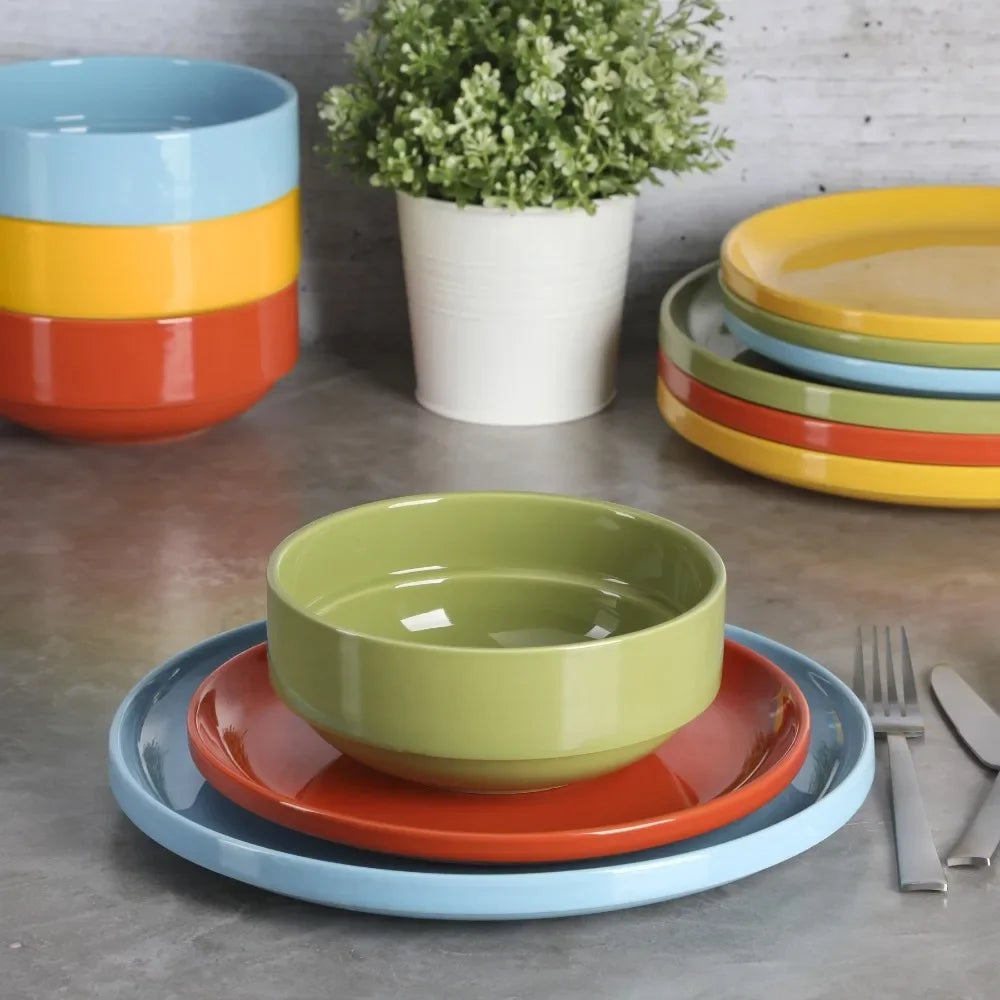 12-Piece Assorted Color Stackable Stoneware Dinnerware Set Restaurant Plates Free Shipping Dinner Plate Dish Tableware Sets Food