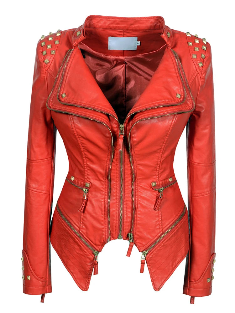 Snake Print  Faux Leather Women PU Jacket Red Coat 2023 Autumn Winter Motorcycle Jackets Lady Biker Outerwear Coat