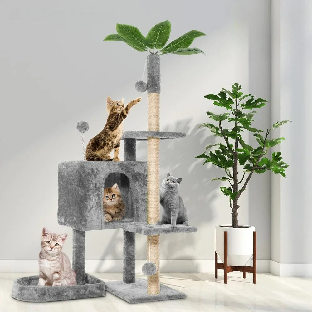 52" Cat Tree Cat Tower for Indoor Cats with Green Leaves, Multi-Level Cozy Plush Cat Condo Cats House