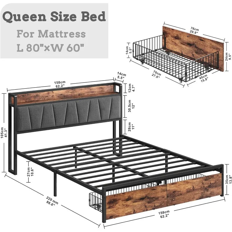 LIKIMIO Queen Bed Frame Storage Headboard with Charging Station Platform Bed with Drawers No Box Spring Needed Easy Assembly