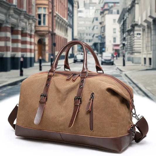 Canvas Travel Bag Men Simulation Leather PU Outdoor Luggage Travel Fitness Bag Large Capacity Tote Handbag Hiking Luggage Bag