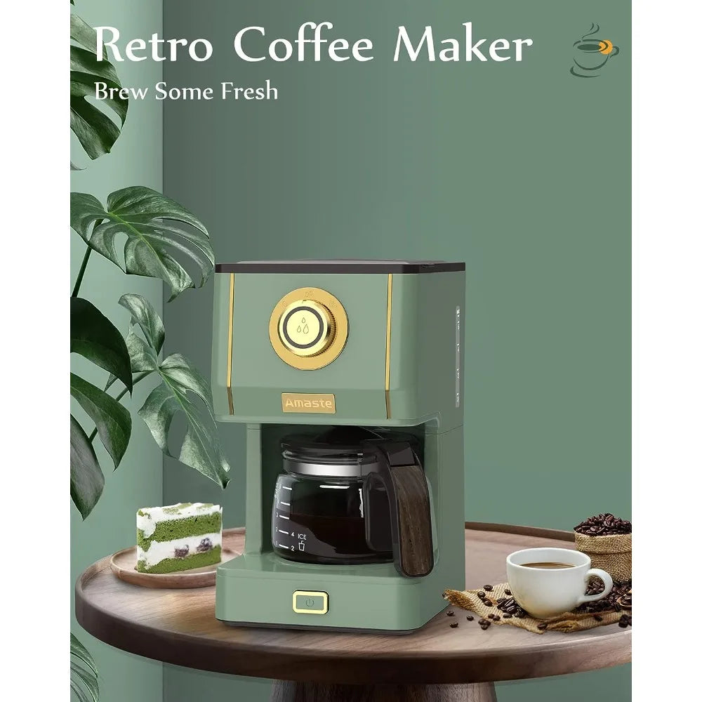 Retro Style Coffee Maker with Reusable Coffee & Three Brewing Modes, 30minute-Warm-Keeping, Matcha Green