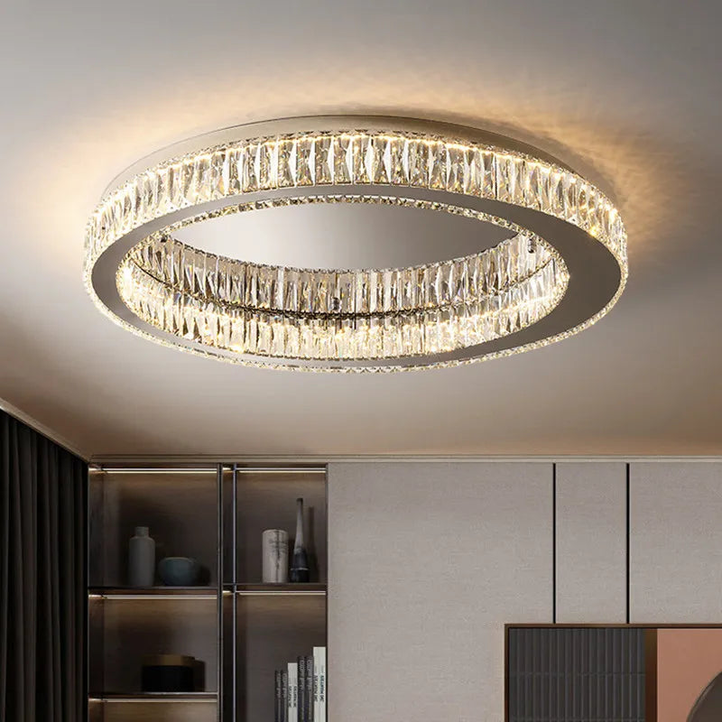 Modern Luxury Crystal LED Ceiling Light Living Room Kitchen Island Lamp Stainless Steel Round Chrome Art Ceiling Pendant Fixture