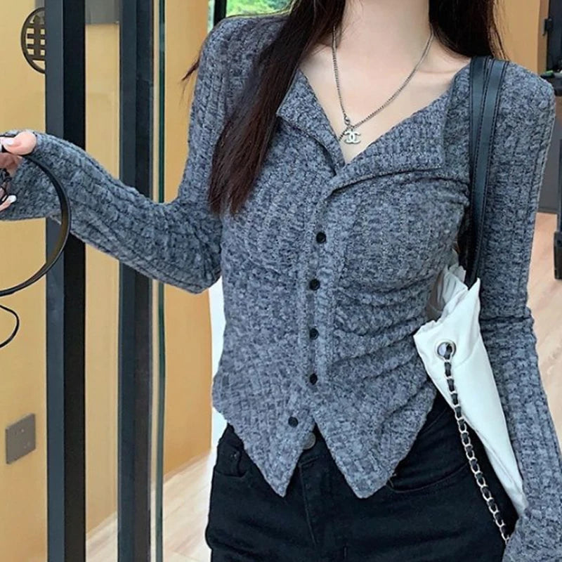 Y2k Knitted Cardigan Women Collar Sweater Coat Vintage Long Sleeve Single Breasted Top Autumn Fashion Girls Knitwear Jumper