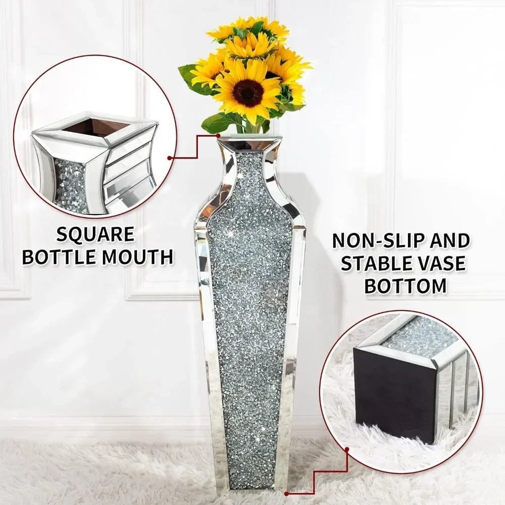 Home Decorations Free Shipping Vase Tall Crushed Diamond Floor Vase Large Silver Mirror Vases for Decor Living Room Floor Garden