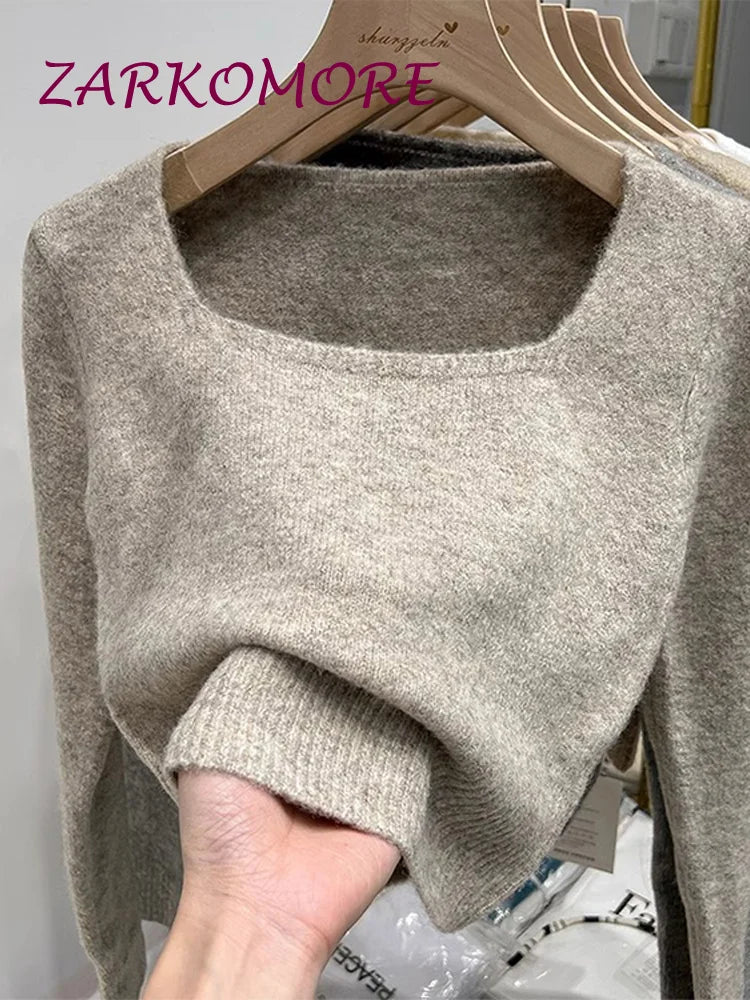 Soft Knit Women'S Pullover Sweater Long Sleeve Square Neck Short Lady Solid Knitwears 2024 Spring Chic Casual Knitted Jumpers