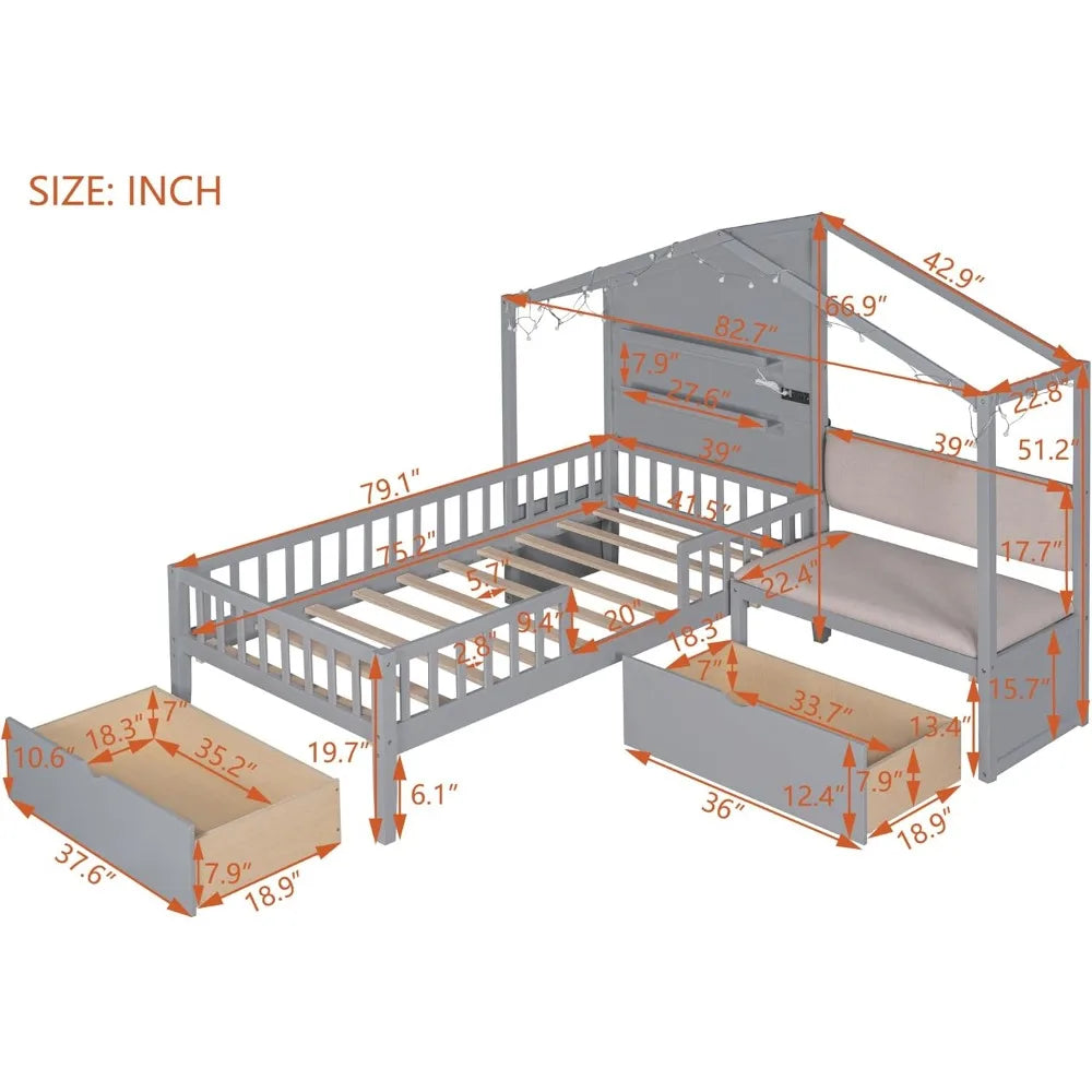 Wooden Platform Bed Frame with Upholstered Sofa, Wireless Charging, Shelves and Two Bedroom Drawers, Grey