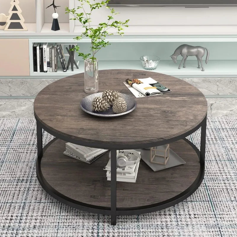 Round Coffee Table,36" Coffee Table for Living Room,2-Tier Rustic Wood Desktop with Storage Shelf Modern Design Home Furniture