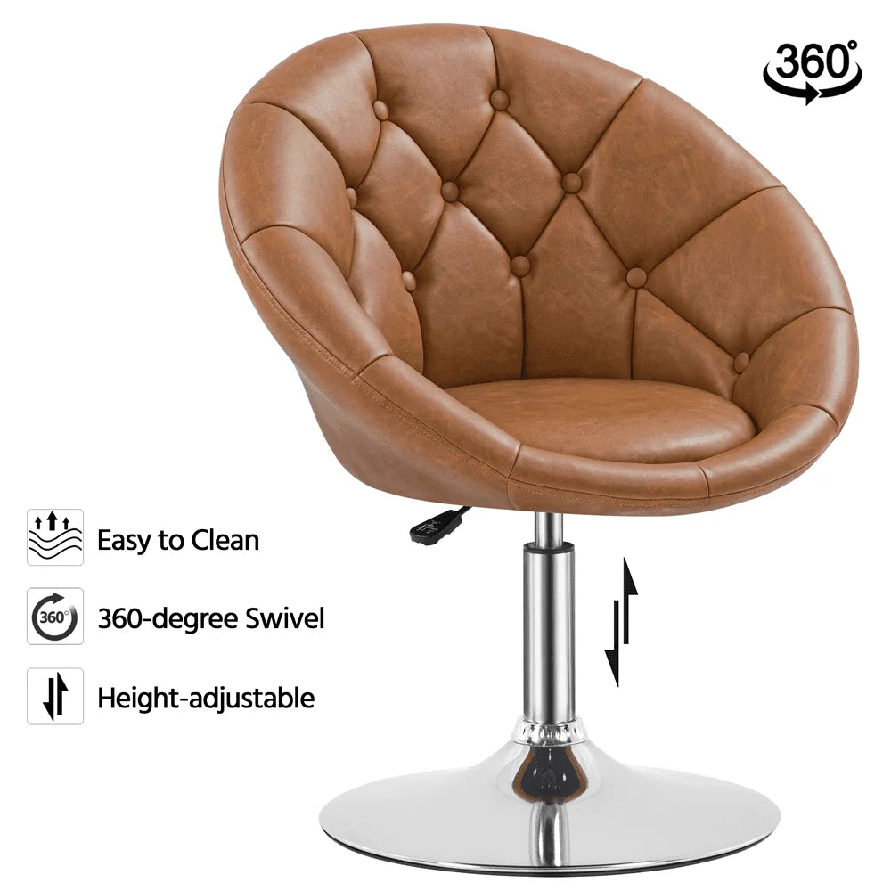 Modern Tufted Adjustable Barrel Swivel Accent Chair, Retro Brown Faux Leather