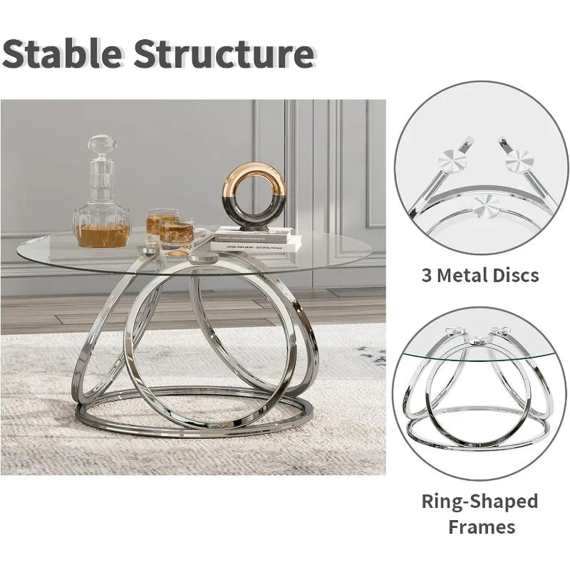 Round Coffee Table, Modern Silver Coffee Table Living Room Table with Ring-Shaped Frames, for Home&Office, Chrome Finish