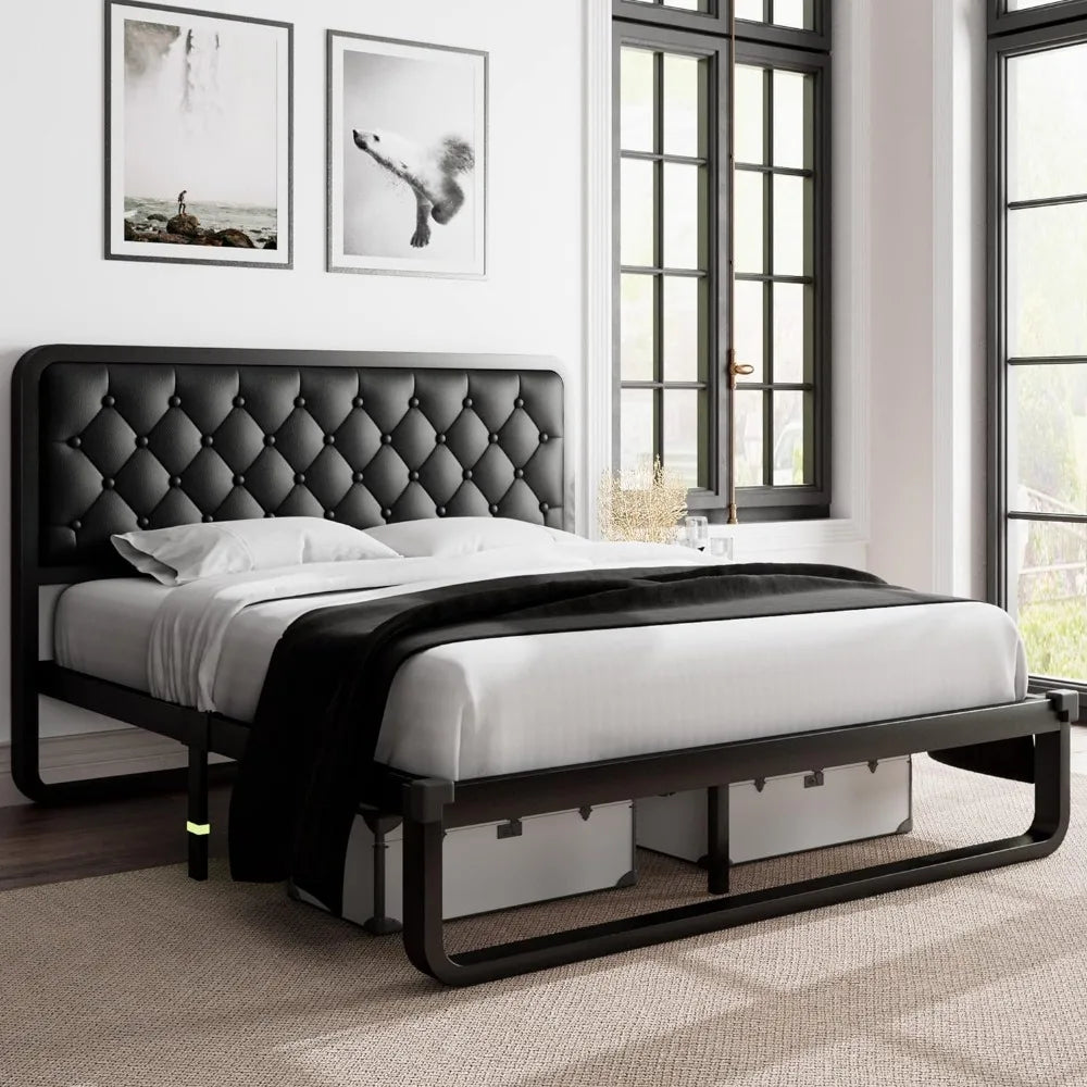 full size bed frame, Upholstered Platform Bed Frame, with heavy duty steel slats, diamond tufted headboard