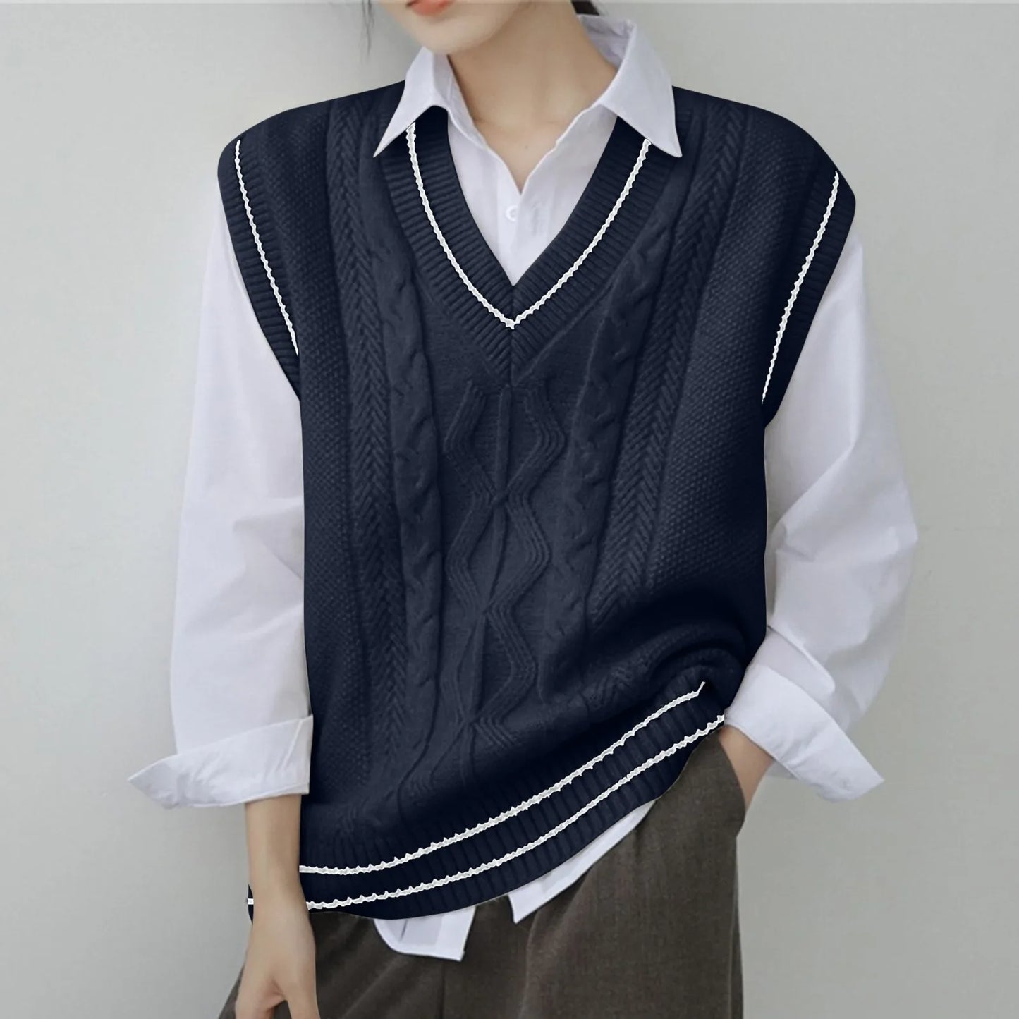 Sweater Vest Women Thicken V-neck Sleeveless Knitted Sweaters Vests Striped Retro Preppy-style Simple Chic Loose Casual Tops