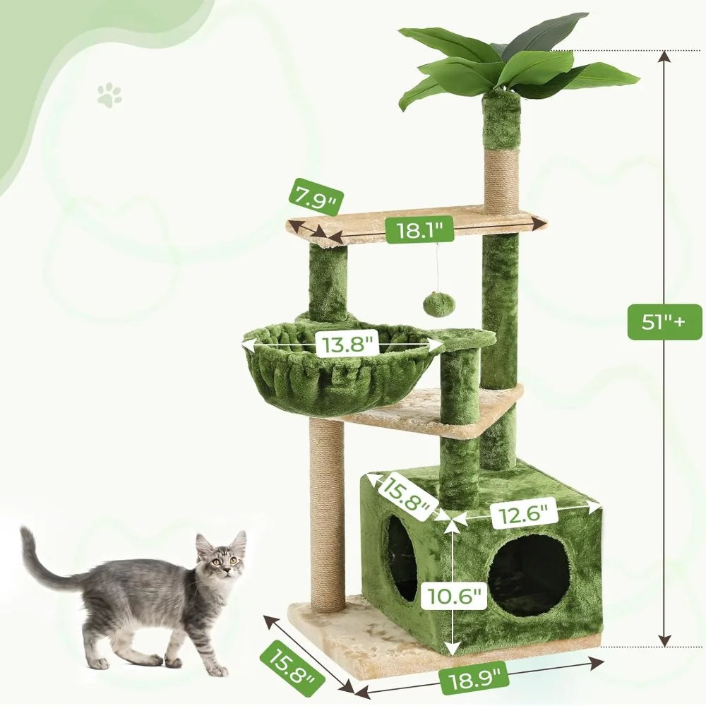 Upholstered 5-Level 51" Cat Tree with 1 Condos, Green Cat Furniture Cat Supplies