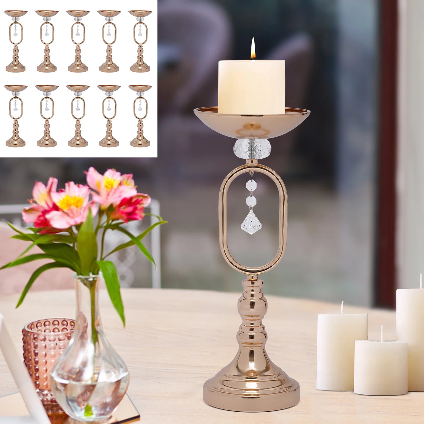 15.6in Tall Gold Pillar Candle Holder Table Decor Centrepiece for Dining Room, Vases for Flower Stand for Anniversary Party