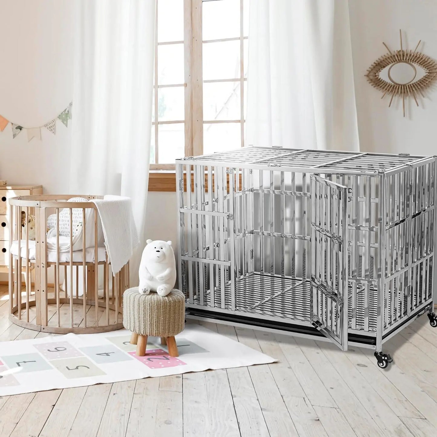 42" Stainless Steel Dog Cage & Playpen - Heavy Duty, Indoor/Outdoor Kennel Crate for Large Dogs w/Double Doors/Locks, Lo