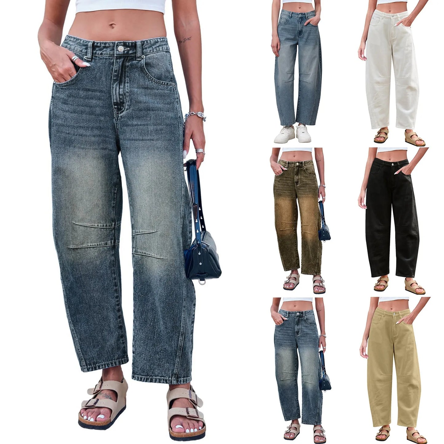 Mid Rise Barrel Jeans For Women Wide Leg Mid Waist Cropped Denim Pants Baggy Boyfriend Jeans With Womens Clothes Ropa De Mujer