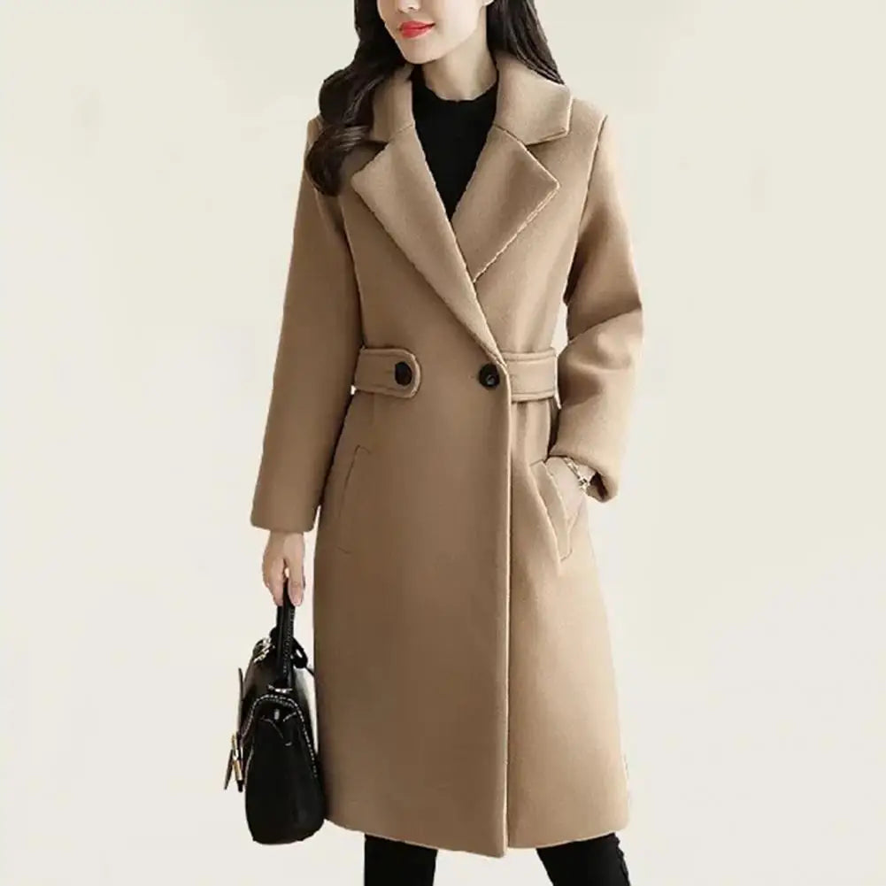 Women Overcoat Stylish Mid-length Women's Overcoat with Turn-down Collar Belted Button Closure Loose Fit for Fall Winter Winter