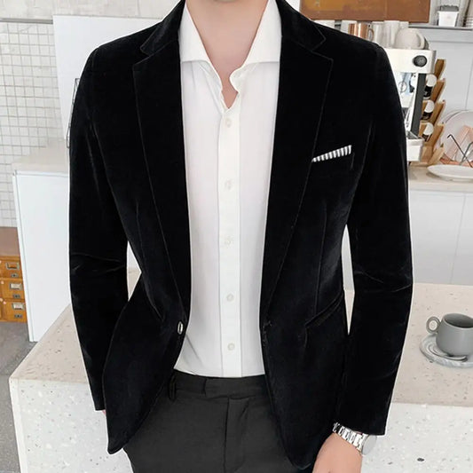 Stylish Men Blazer Temperament Suit Jacket Slim Fit Single Button Velvet Lapel Suit Coat