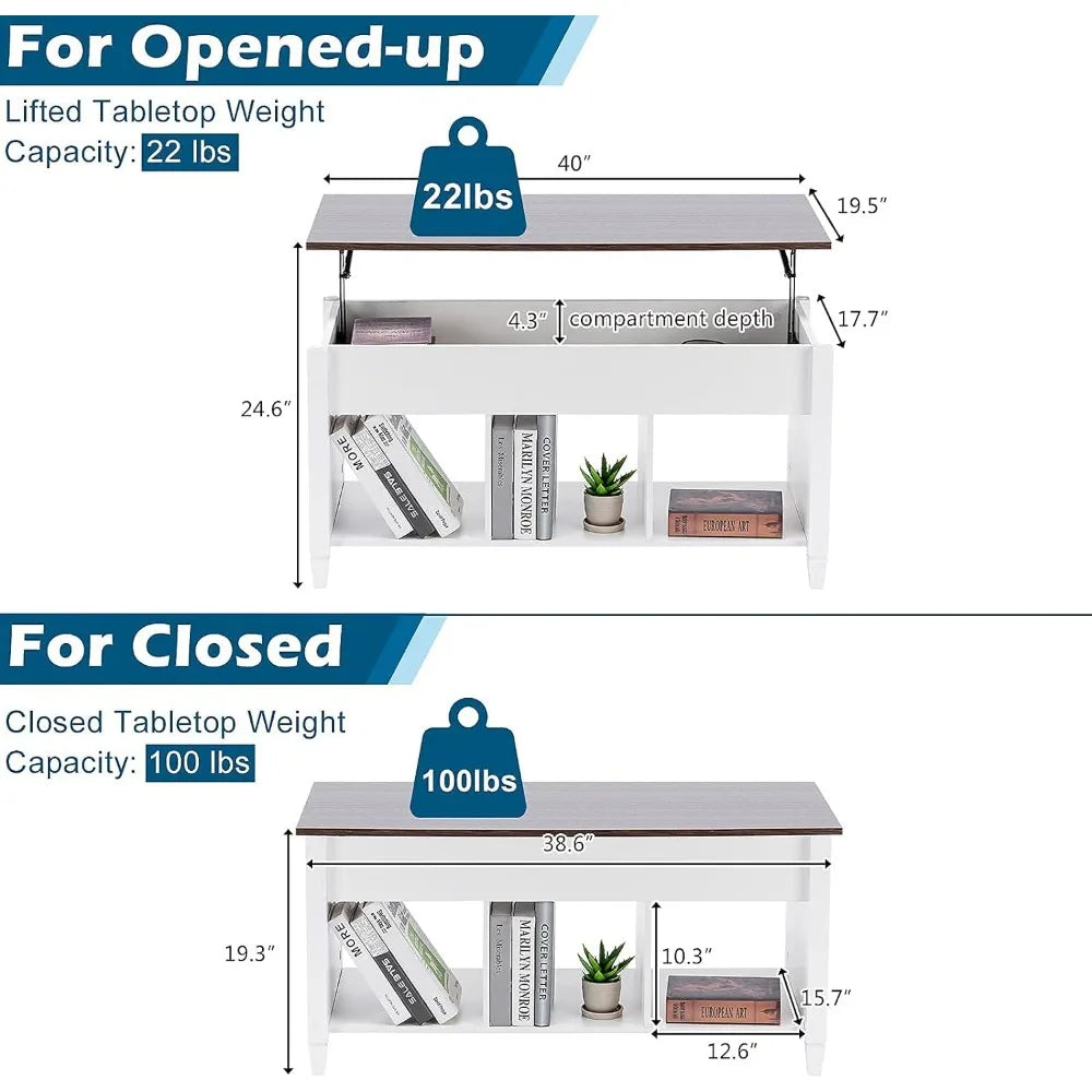 Lift Top Coffee Table, White, with Storage Shelf/Hidden Compartment, Gas Lift Mesa De Centro para Sala Pop Up Coffee Table