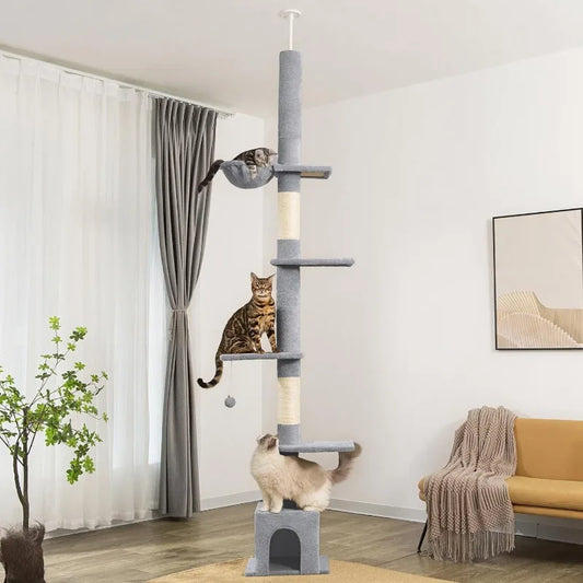 Floor to Ceiling Cat Tree Ajustable Height 6 Tiers Cat Tower Fit for Feet Ceiling with Cat Condo Hammock and Sisal Covered Post