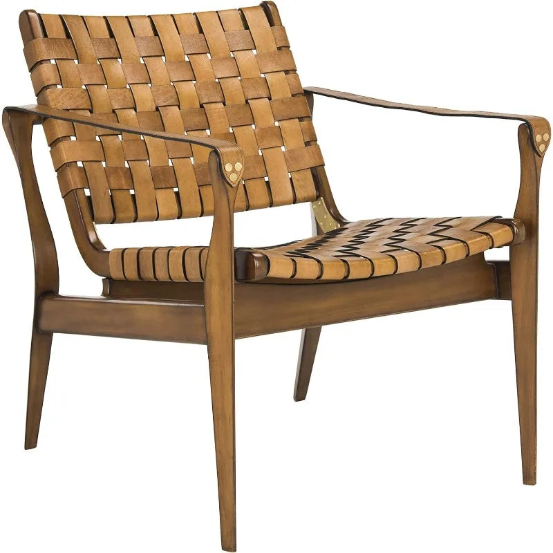 Couture Home Dilan Brown Leather Weave and Light Brown Safari Accent Chair