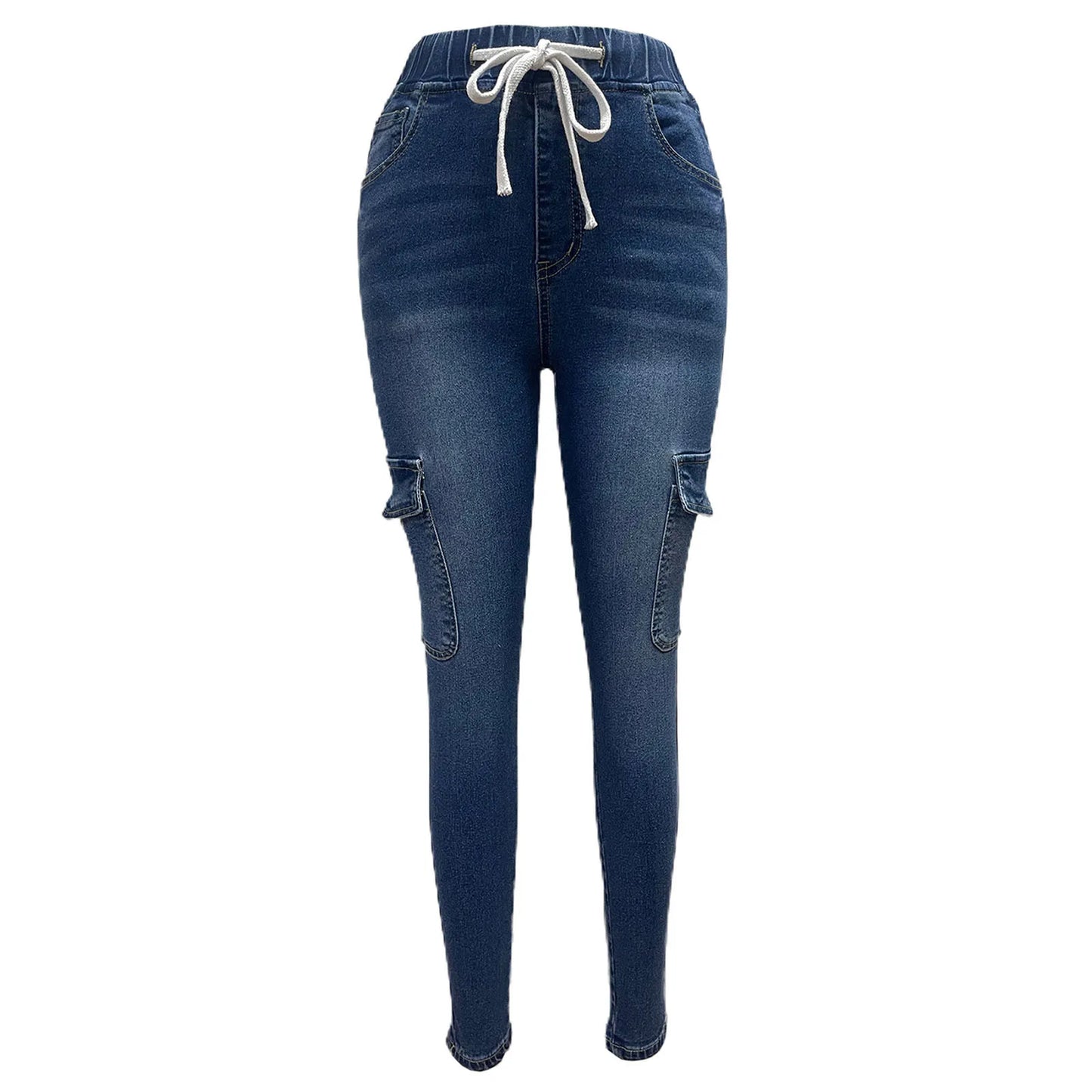 Women Casual Workout Jeans Drawstring Elastic Waist Denim Trousers Fashion Slim Fit Hip Lift Leggings Vintage Blue Pencil Pants