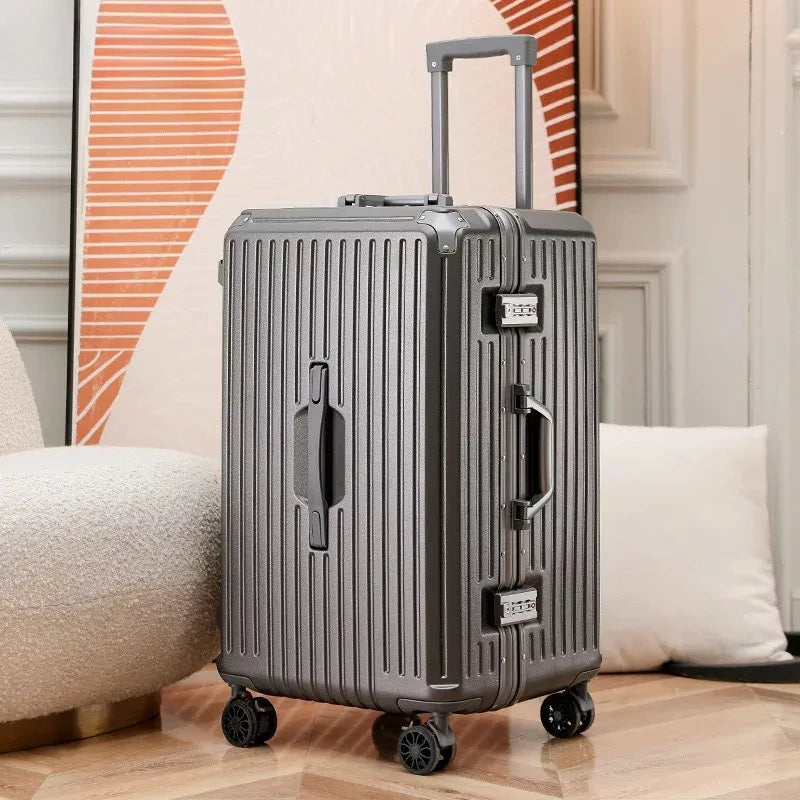 Suitcase Wide Handle Travel Suitcase Men 20 24 26 Carry-On Luggage with Large Capacity Women PC Aluminum Frame Trolley Case