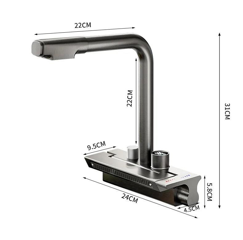 Rain Waterfall Kitchen Faucet Kitchen Sink Washing Pool Tap Single Hole Pull Out Temperature Digital Display Bathroom Faucet